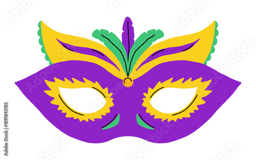 Vector purple mardi gras mask with yellow and green feather. Festive carnival masquerade costume accessory for party, parade, holiday celebration, invitation, poster, banner, social media design.