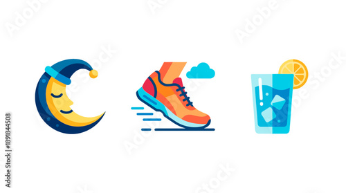 The art of healthy lifestyle, a illustration with icons on white background. Illustration include sleep, run, and drink