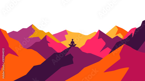 A person meditating atop a mountain range, amidst vibrant colors and a serene atmosphere. This illustration represents peace, tranquility, and the pursuit of inner harmony