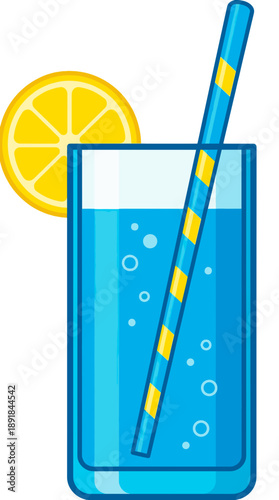 A refreshing glass of a cool drink garnished with a lemon slice and a straw. It's a visually appealing and hydrating refreshment