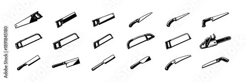 Saw Icon Set – Black Hand Saw and Chainsaw Tool Illustrations in Vintage Style