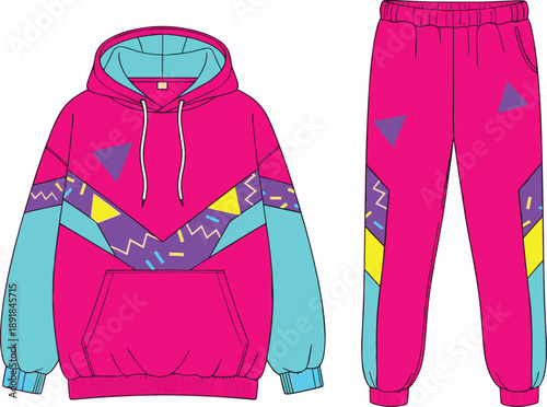 Hoodie, sweatpants, retro, pink, cyan, fashion, sketch, front, back, silhouette, posture, gesture, setup, vector, black, pose, flavector, minimal, garment, technical, cad drawing flat vector
