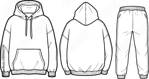 Hoodie, sweatpants, technical, sketch, fashion, front, back, silhouette, posture, gesture, setup, vector, black, pose, flavector, minimal, garment, flat, cad drawing flat vector