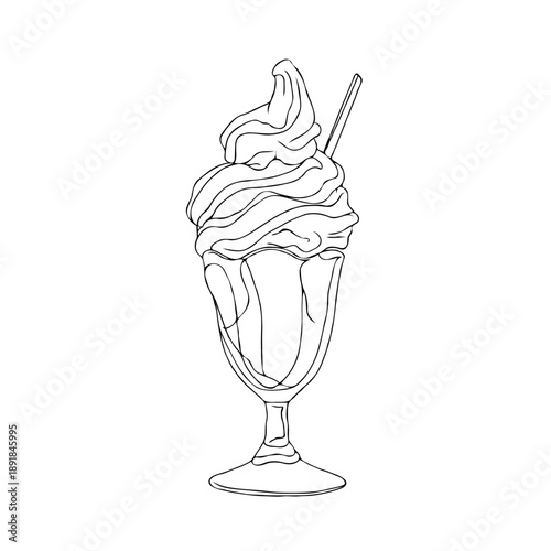Ice cream sundae in a glass cup with straw drawn in minimal continuous line style on white background, concept of dessert and summer treat