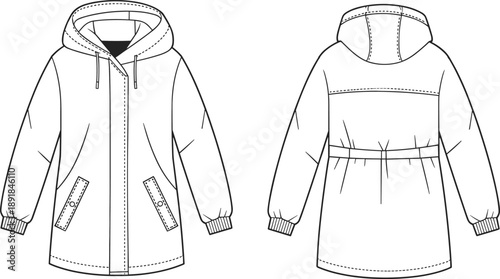 Jacket, hooded, flap pocket, cinched waist, technical, sketch, front, back, silhouette, posture, gesture, setup, vector, pose, flavector, garment, outerwear, flat, fashion, cad drawing flat vector
