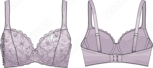 Lace bra front and back flat sketch, floral cup scalloped edge underwire strap closure detail, cad drawing flat vector