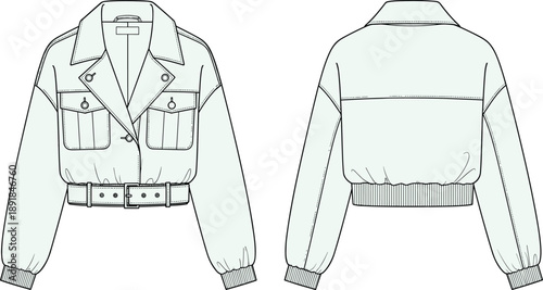 Mint green cropped jacket technical flat sketch, front and back view, belted waist blouson with pockets, wide lapel collar, vector illustration, apparel design template, cad drawing flat vector.