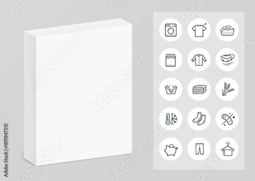 Cardboard box packaging for powder laundry detergent mockup with set icons. Vector illustration on grey background. Can be use for your design, packaging, presentation. EPS10.