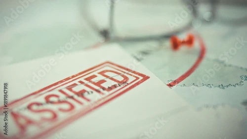 A confidential document bears a prominent red classified stamp, adjacent to a large paper world map silhouetted on a table, hinting at interstate protocol and restricted clearance levels