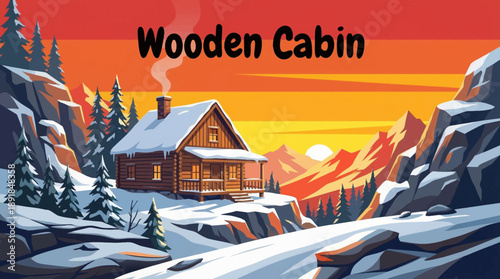 wooden cabin surrounded by snowy mountains and pine trees vector cartoon, creating a peaceful winter retreat scene ideal for travel, lifestyle, and seasonal branding