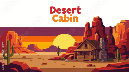 remote cabin standing alone in a dry desert environment with sand and rocky terrain, symbolizing isolation, resilience, and minimalist living