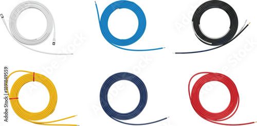 Set of six colorful electrical wire coils isolated on white background, featuring red, blue, black, yellow, and white copper cables for power, industrial, and electrician projects.
