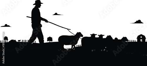 Shepherd, sheep, silhouette, posture, gesture, hat, staff, walk, tree, barn, fence, cloud, grass, rural, care, nature, setup, agriculture, vector, black, pose, flavector