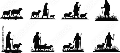 Shepherd, sheep, silhouette, posture, gesture, staff, walk, stand, terrain, grass, 