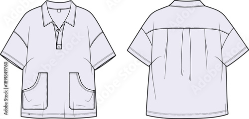Short sleeve shirt technical sketch, patch pockets, pleated back yoke, relaxed hem design, fashion CAD illustration, garment template, cad drawing flat vector