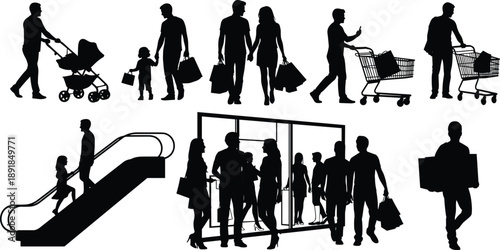 Shopping, mall, activity, silhouette, posture, gesture, cart, bag, stroller, escalator, box, group, retail, consumer, setup, vector, black, pose, flavector