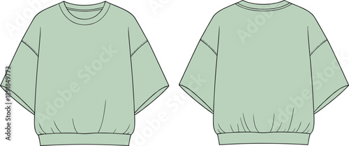 Short sleeve sweatshirt front and back flat sketch, crew neckline dropped shoulder wide ribbed hem detail, cad drawing flat vector illustration template