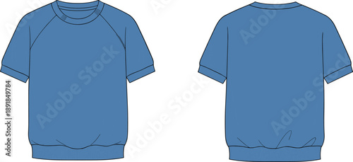 Short sleeve sweatshirt front and back flat sketch, raglan sleeve crew neckline ribbed cuff hem detail, cad drawing flat vector illustration template