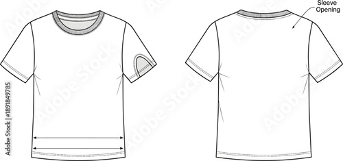 Short sleeve t-shirt technical drawing front and back view with sleeve opening detail, apparel flat sketch for fashion design and garment production template