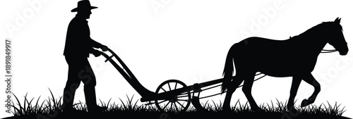 Silhouette of a farmer plowing field with a horse-drawn plow through tall grass representing hard work, agriculture, traditional farming, rural life, and vintage toil
