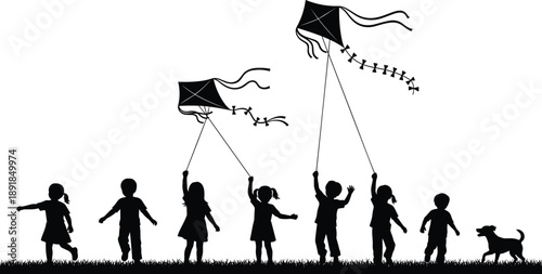 Silhouette of happy children flying kites, playing with dog on grass, vector illustration of summer outdoor activity, black and white design - flavector