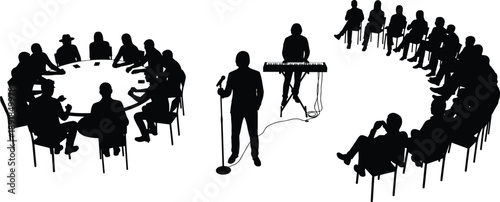 Silhouette set of event scenes, people having meeting at round table, singer and 