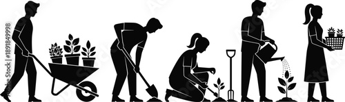 Silhouette set of people gardening, men and women working in garden, planting trees,