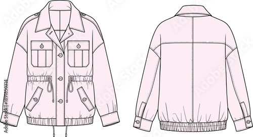 Structured jacket technical sketch, drawstring waist, flap pockets, elastic hem and cuffs, fashion CAD illustration, garment template, cad drawing flat vector