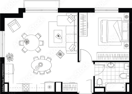 Studio apartment floor plan, compact living layout, bedroom, kitchen, bathroom, dining and living areas, furniture placement, flat vector blueprint, flavector