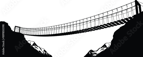 Suspension, bridge, silhouette, mountain, cliff, cable, plank, walkway, structure, engineering, terrain, vector, black, span, rugged, elevated, connection, remote, design, flavector