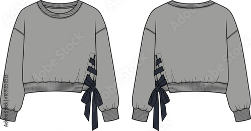 Technical fashion flat sketch of a grey cropped crewneck sweatshirt featuring drop shoulders, ribbed trims, and a decorative black side-lace ribbon tie detail