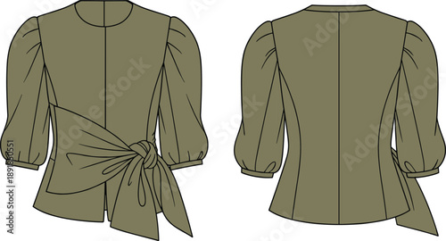 Technical fashion flat sketch of an olive green women's top featuring gathered puff sleeves, a round neckline, and a decorative side-tie wrap waist detail
