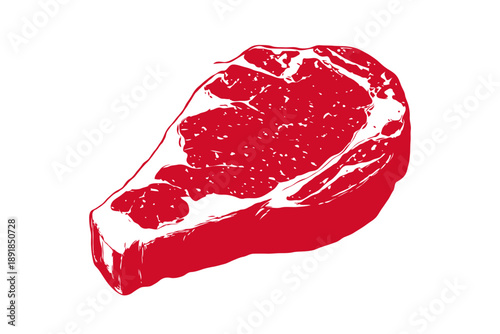 Hand-drawn raw steak illustration in red ink graphic style on a plain white background. Concept of butchery, meat shop, or grilling cuisine