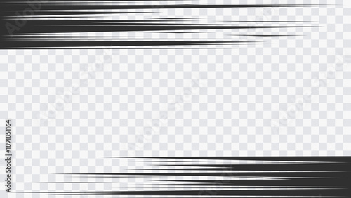 Flash ray blast glow. Speed lines Manga frame. Anime. Abstract comic book flash explosion radial lines on transparent background. Vector illustration superhero design. Bright black light strip burst.