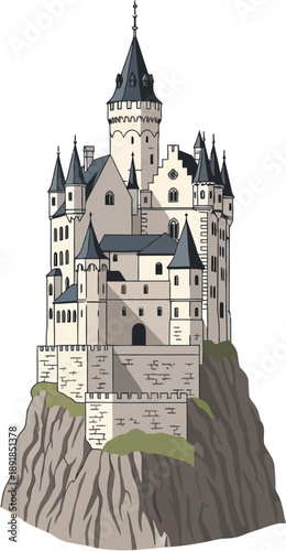 Lichtenstein Cliffside Fairy Castle Vector Illustration, Romantic German Castle on Rock Cliff, Historic European Gothic Architecture, Fantasy Medieval Landmark, Detailed Flat Vector Design