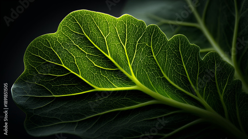 Green leafy vegetable with illuminated veins on black background, fresh organic produce showing natural texture and structure