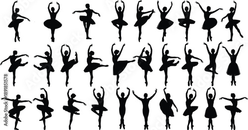 Set of ballet dancer silhouettes in various graceful poses including jumps, stretches, and classical positions for dance studio performance and artistic vector design,