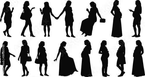 Set of pregnant woman silhouettes in various poses including walking, sitting, standing, holding hands, and using phone for maternity and motherhood vector design,