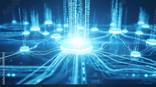 Futuristic blue data grid with streaming binary info