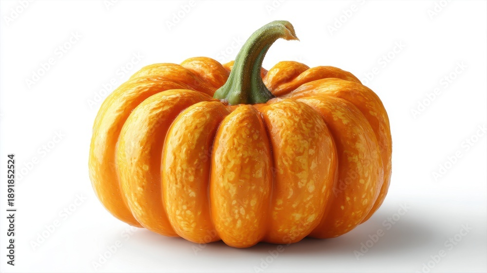 Obraz premium Vibrant orange pumpkin with green stem against white background.