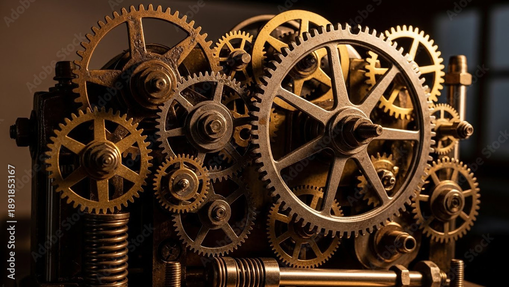 Obraz premium Mechanical Gears in Industrial Style with Golden Lighting on Metal Texture for Engineering