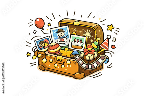 Festive Keepsake Box. Doodle-style vector icon of a keepsake box, holiday decorations illuminating with images and clips from