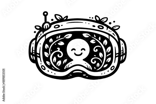 VR Portal Doodle. Doodle-style vector icon of a VR helmet as a seed portal, friendly headset with soft rounded edges, virtual