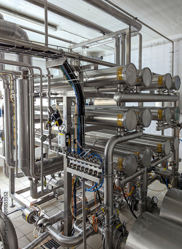 Industrial Stainless Steel milk whey filtration Machinery With Tubes and Hoses In A Modern Factory Setting