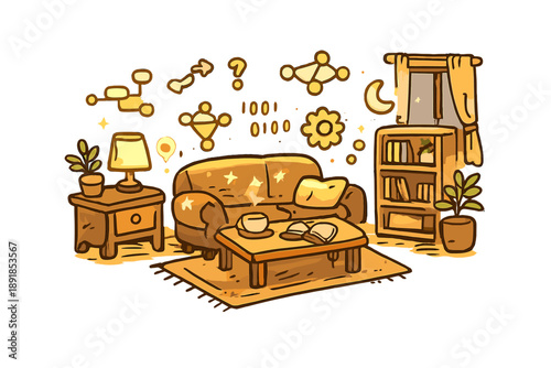 Algorithmic Glyphs Doodle. Doodle-style vector icon of unseen algorithmic influence, calm room with faint animated glyphs drifting