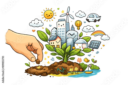 Future City Garden. A friendly doodle-style vector illustration of the future as a garden planted today: a gentle hand planting a