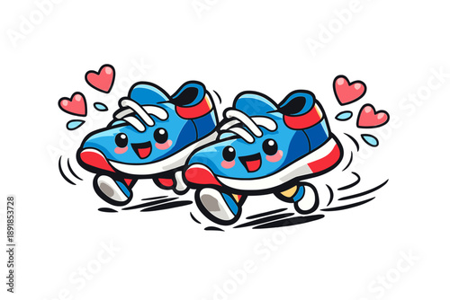Energetic Sneaker Doodles. Playful doodle illustration of jogging with cute sneakers having faces, sweat drops shaped like hearts,