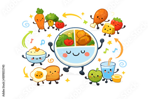 Dancing Balanced Plate. Fun doodle diet concept with cute food portions dancing together, balanced plate smiling, arrows and stars
