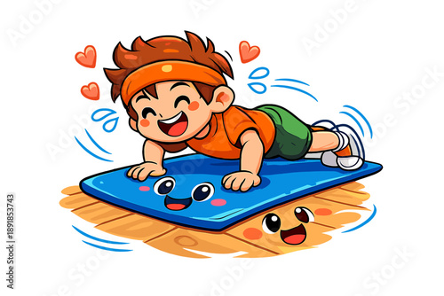Cheerful Exercise Doodle. Playful doodle home training with a cheerful character doing push-ups, mat and floor smiling,