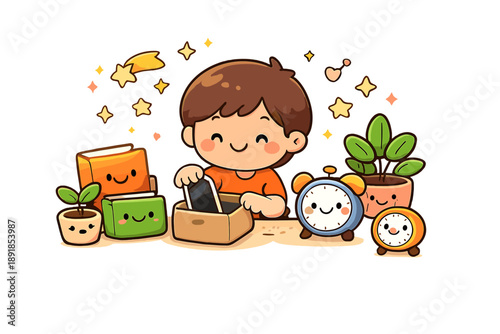 Digital Detox Delight. Cute doodle-style digital detox scene with a smiling character putting away a phone, friendly rounded